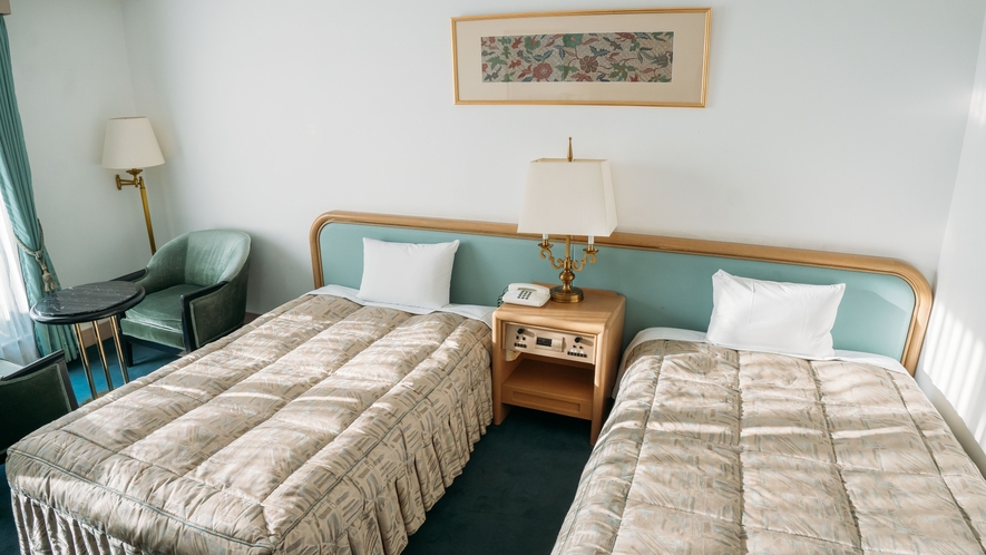 【スタンダードツイン】セミダブル（120cm）のベッドを2つ配置したゆとりある室内です。