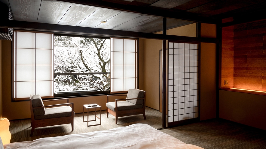 姫沙羅の寝室・広縁からの冬景色