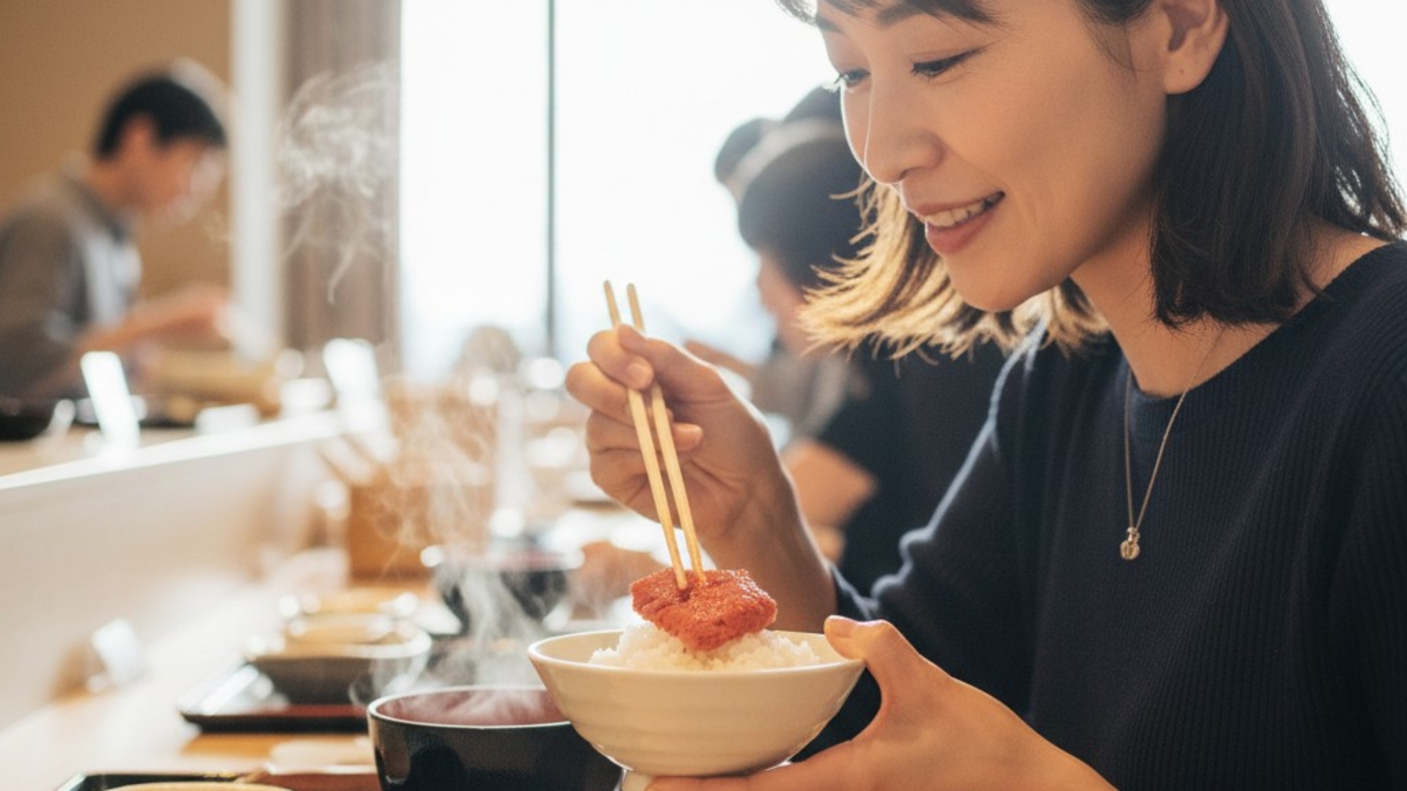 立ち上る湯気、一粒一粒が輝くご飯、そして極上の明太子。