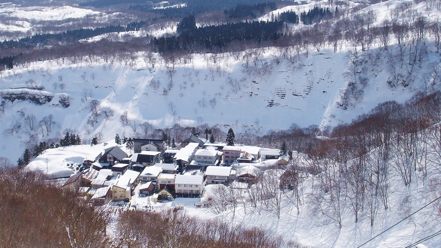 *周辺景観／スキー場から望む関温泉。冬は雪に包まれて幻想的な雰囲気が味わえます♪