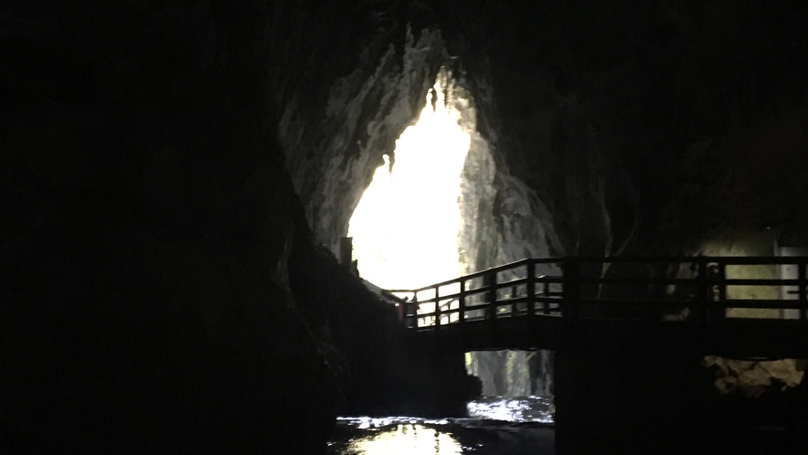 観光　秋芳洞　洞内から外の明かり