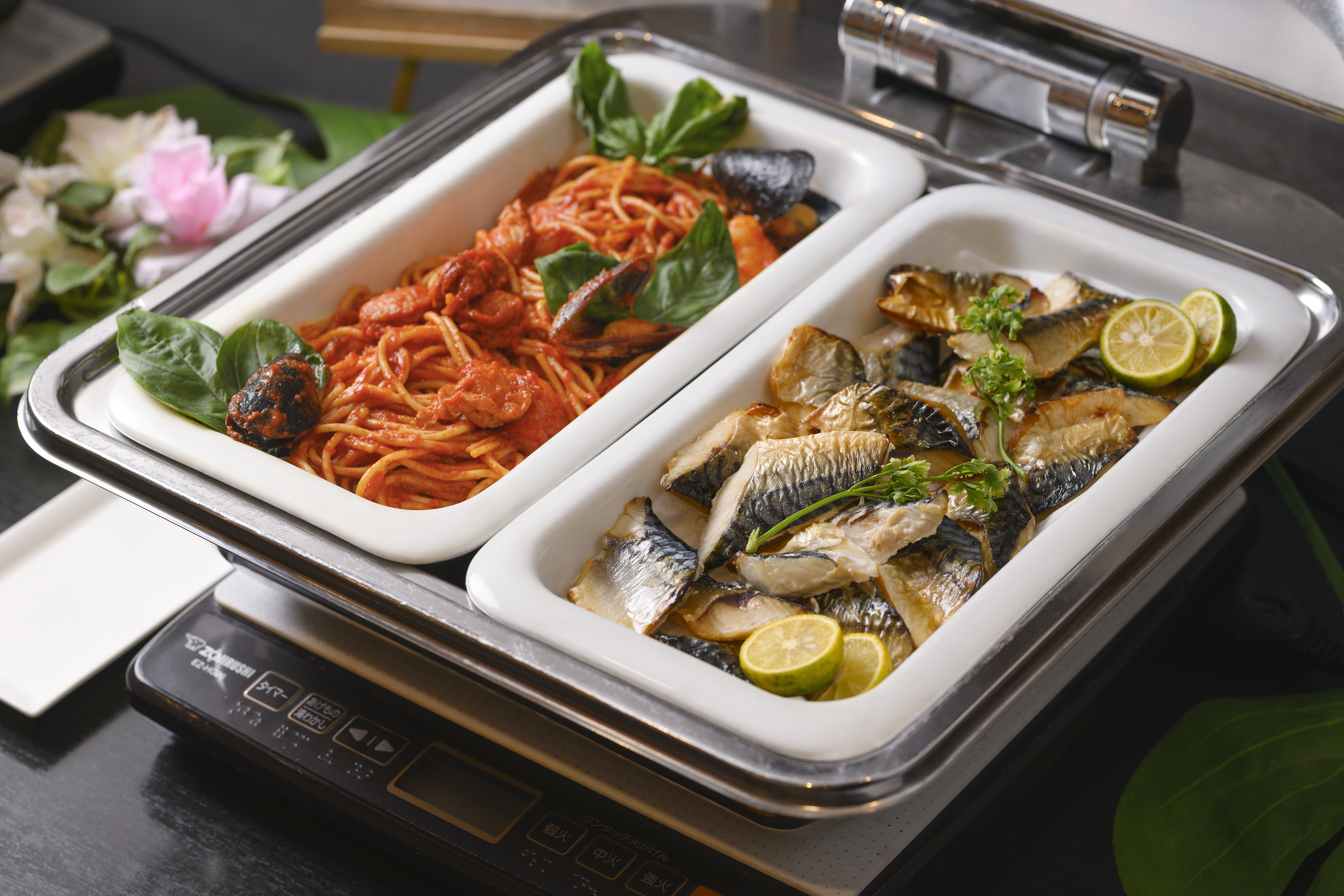 鯖の塩焼きとペスカトーレパスタ