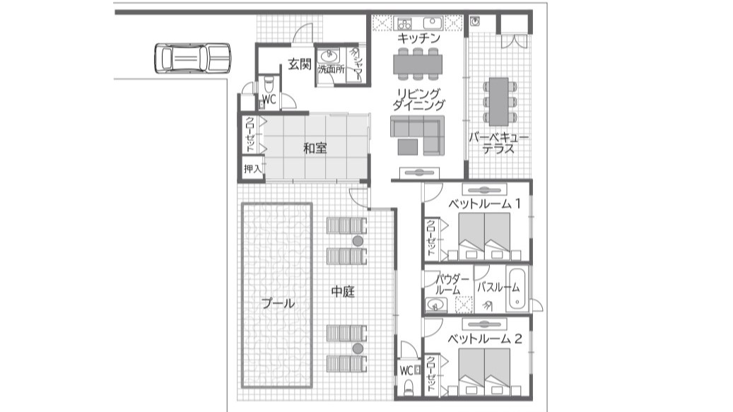 【ORCHID：間取り図】115㎡の3LDK。プールを囲むように部屋が配置された贅沢な間取り。