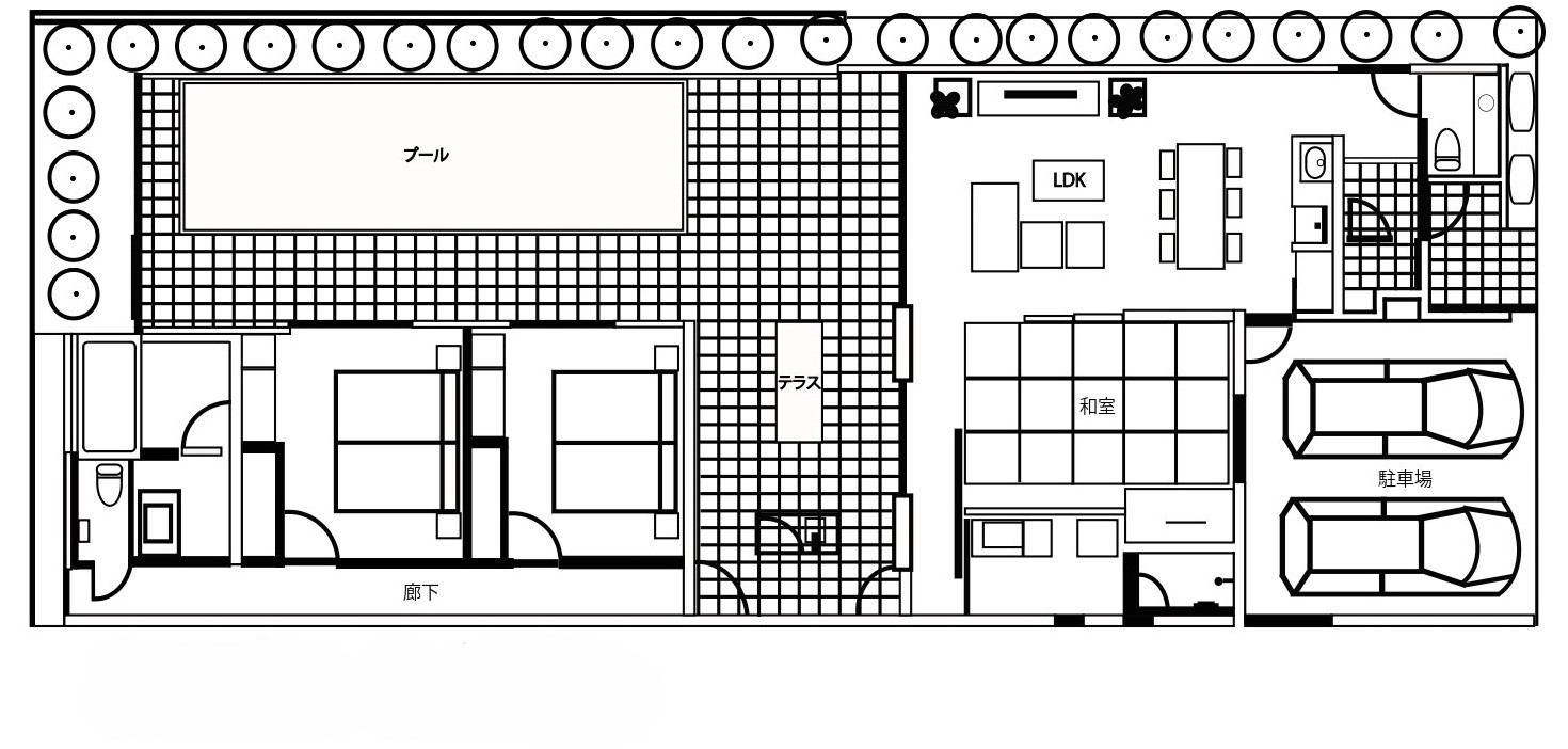 【ANTHURIUM：間取り】プールを囲むように配置された客室。プライバシーを重視した設計。