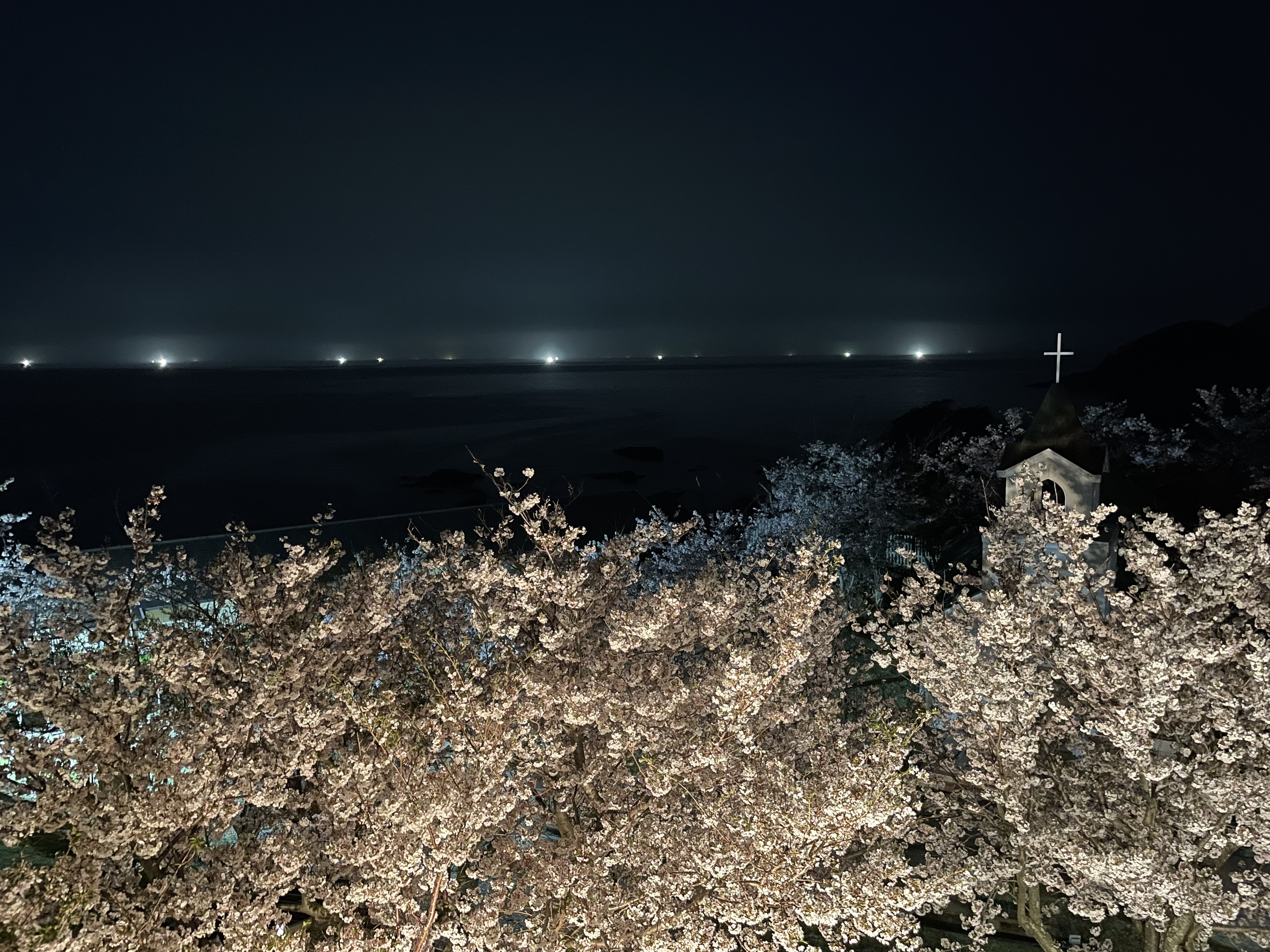 夜になると遠くに漁火が煌めきます。