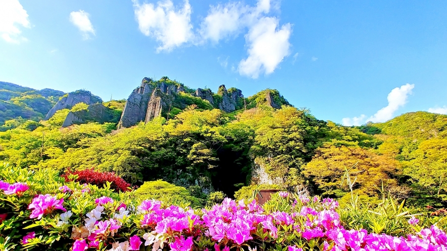 立久恵峡も春の装いに。渓谷の岩肌を山桜やつつじが彩ります。