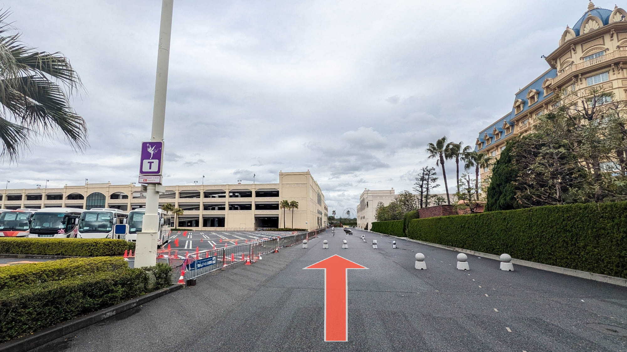 ⑤左手奥に立体駐車場が見えてきます。そちらを目指してください。