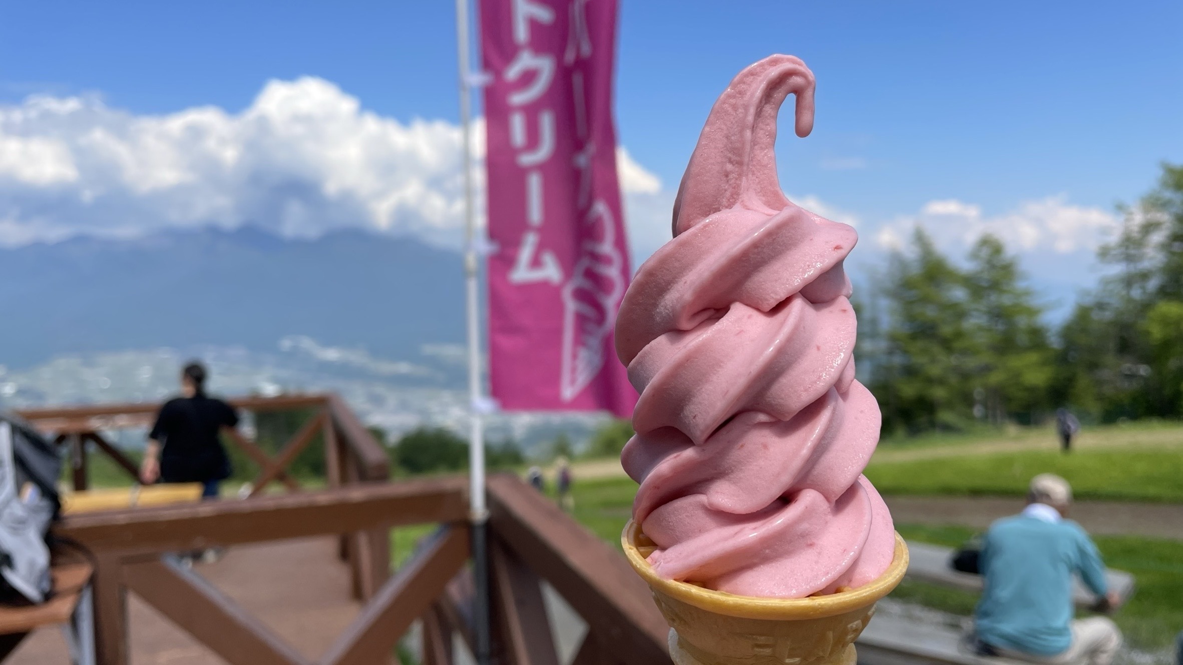 富士見町特産赤いルバーブで作られたルバーブソフトクリーム