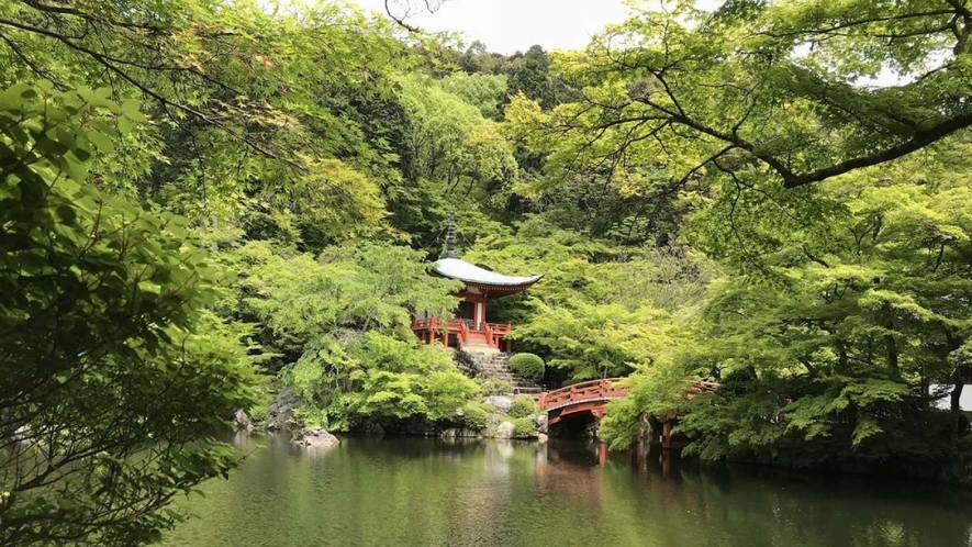 【弁天堂の池】　醍醐寺にある弁天堂の池は、紅葉シーズンは辺り一面真っ赤に染まる