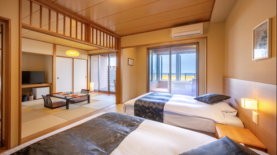 【太平洋ビュー◇温泉檜風呂付和洋室】見晴らし抜群のテラスと露天風呂を備えた和洋室