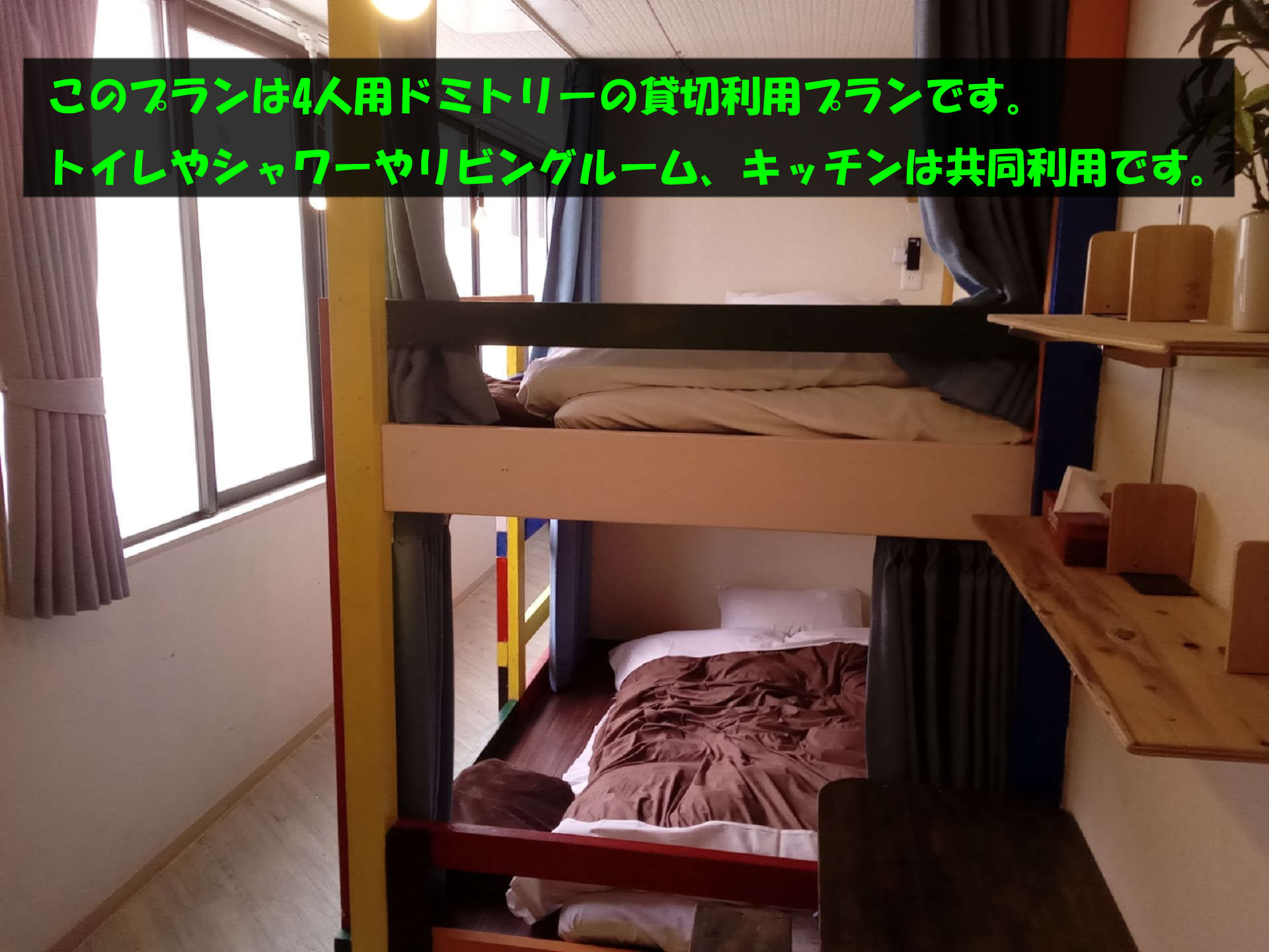 【ドミトリールーム1ヶ月〜貸切プラン】男女混合ドミB（4人部屋）