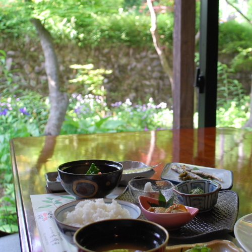 Breakfast is in a restaurant surrounded by greenery