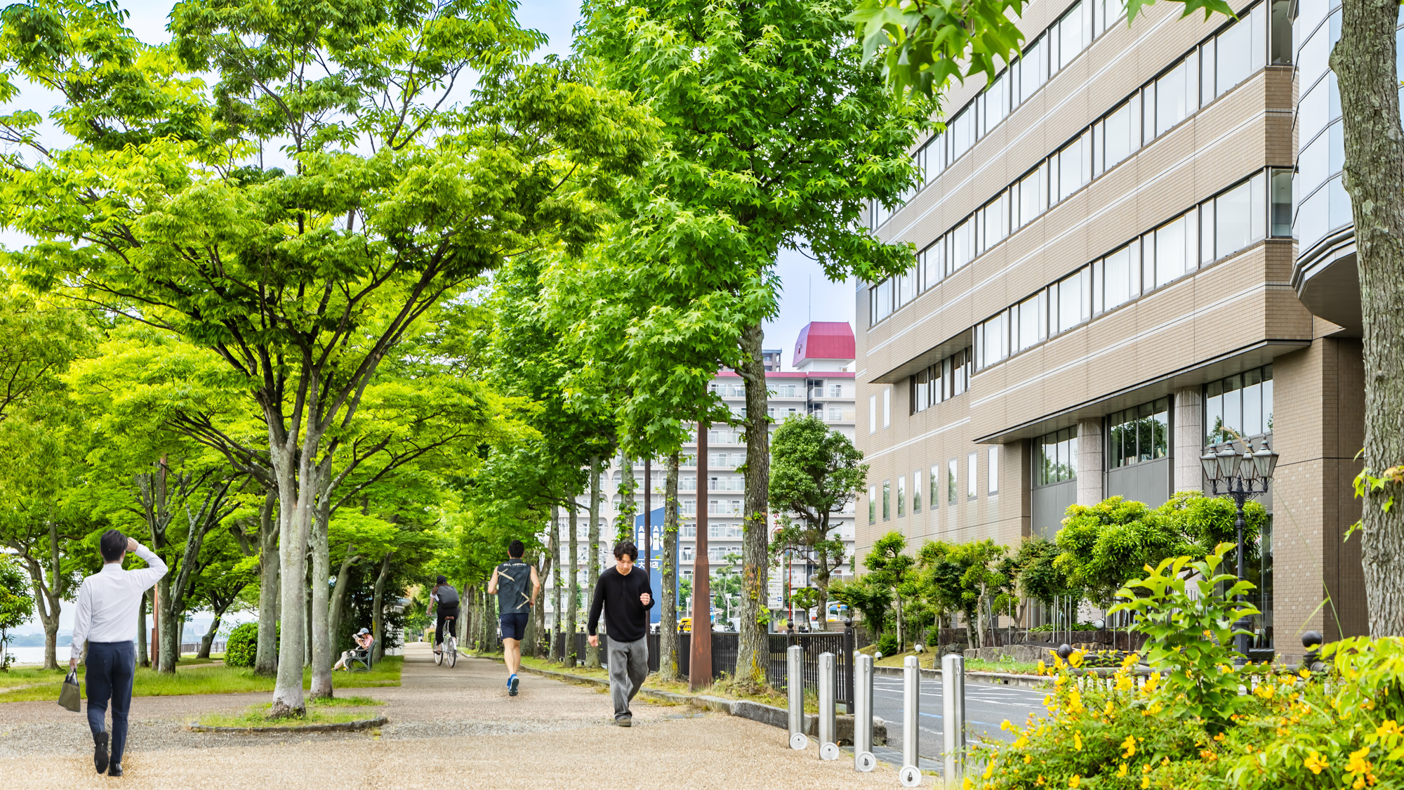 ホテル前の湖岸緑道では、散歩やジョギングをしながらびわ湖の風と緑を感じられます。