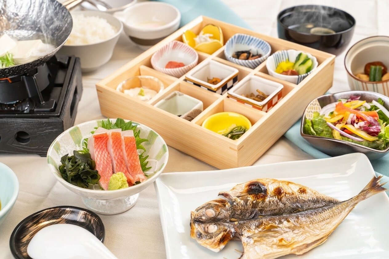 【ご朝食】季節の干物と金目鯛のお造りなどを御膳にてお召し上がりいただけます。