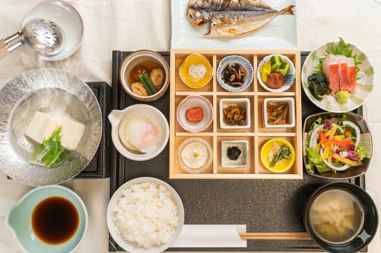 【ご朝食】季節の干物と金目鯛のお造りなどを御膳にてお召し上がりいただけます。