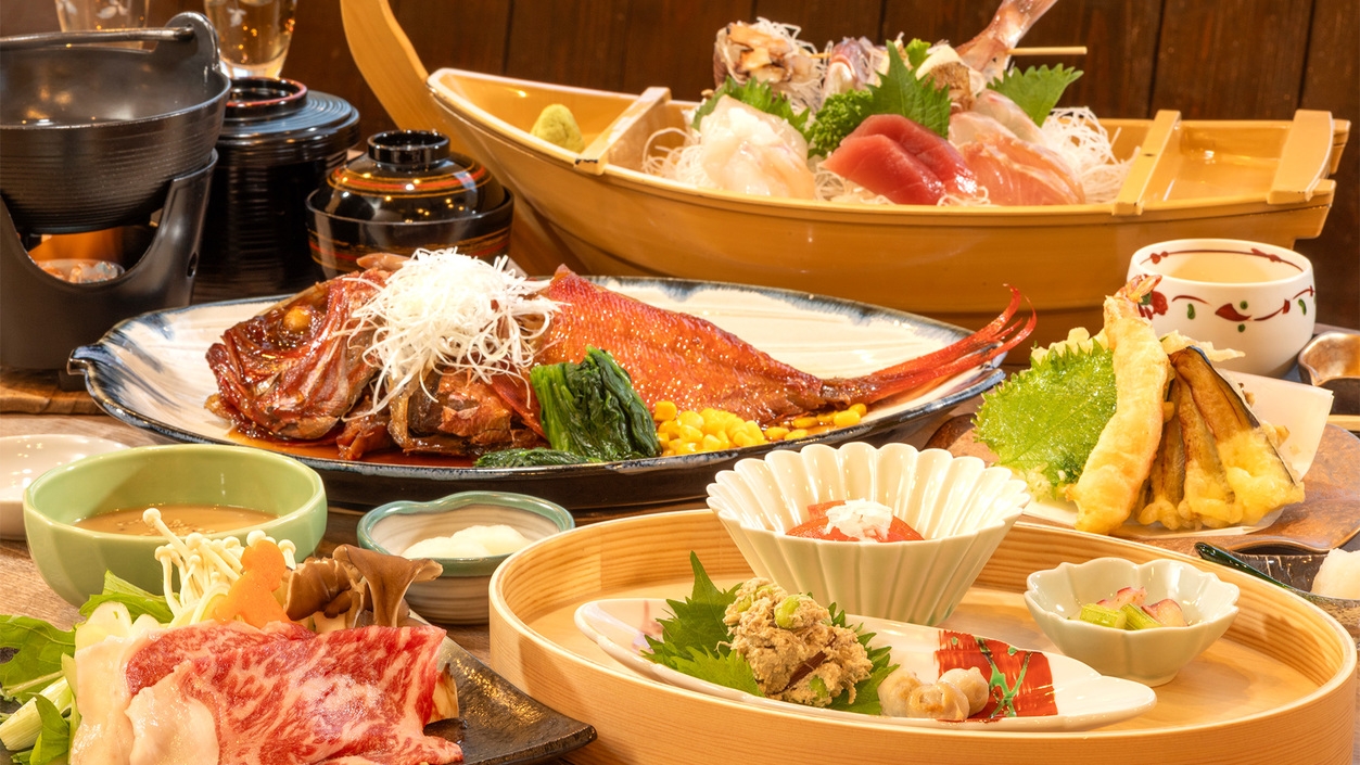 【スタンダードプラン】舟盛+金目鯛姿煮+国産牛しゃぶしゃぶ付＜貸切風呂無料＞