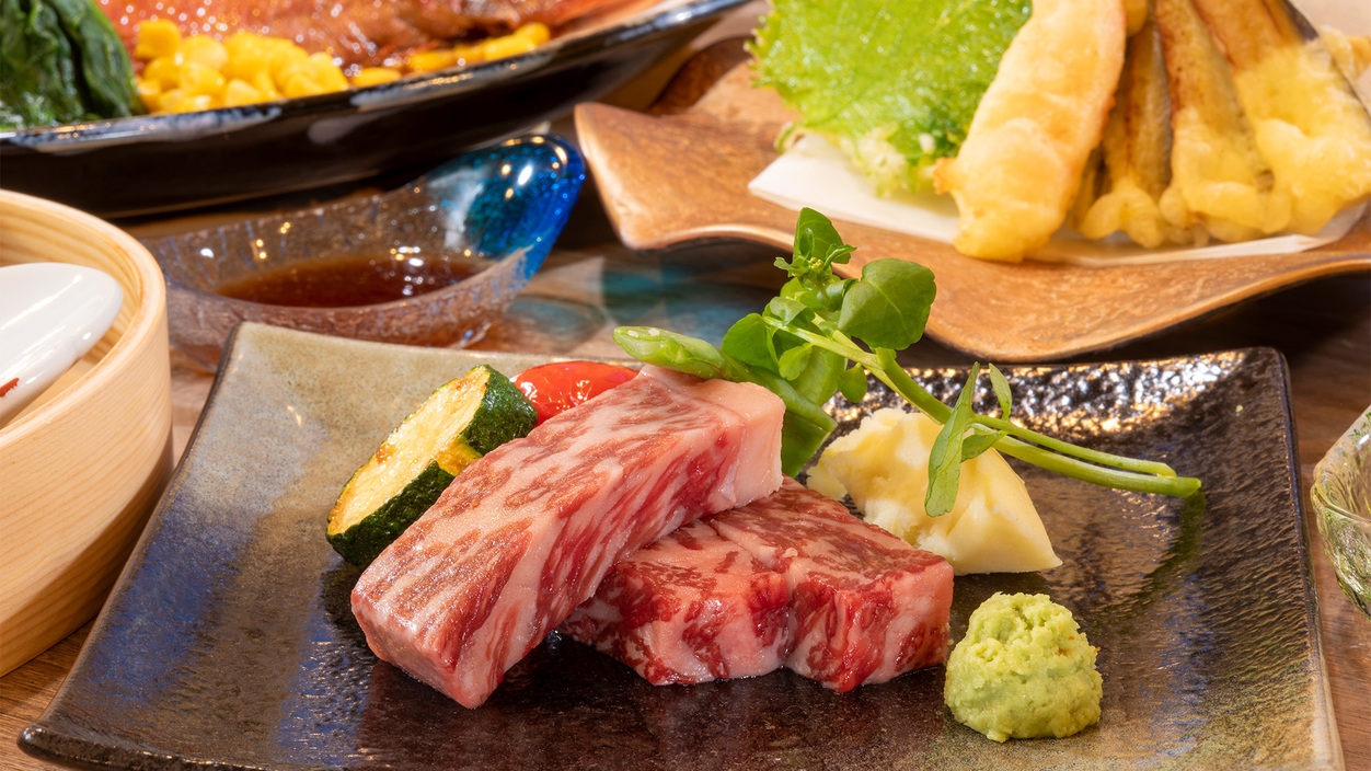 【国産牛ステーキプラン】舟盛+金目鯛姿煮+国産牛ステーキ付＜貸切風呂無料＞