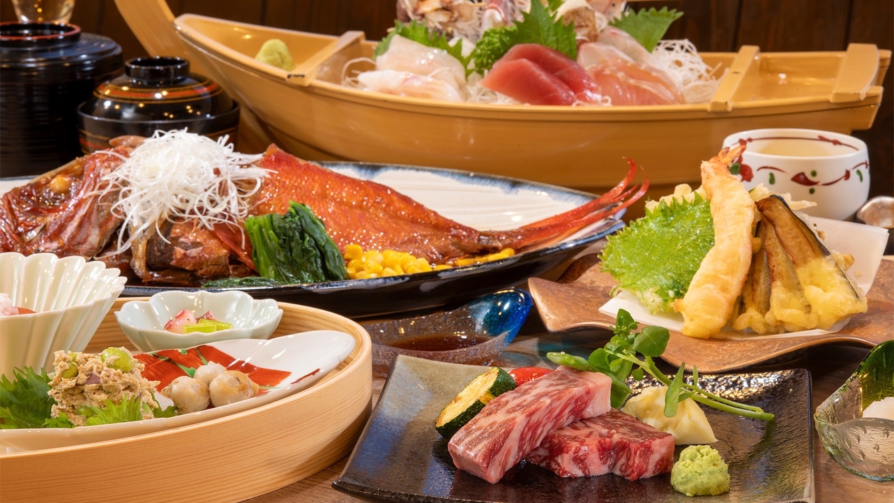【国産牛ステーキプラン】舟盛+金目鯛姿煮+国産牛ステーキ付＜貸切風呂無料＞
