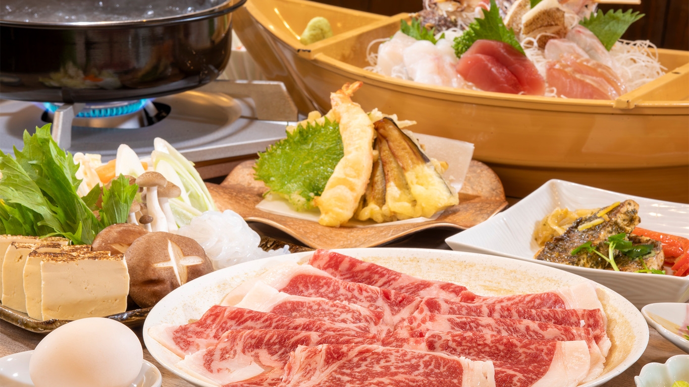 【国産牛すきやきプラン】国産牛すきやきがメインの創作会席+舟盛付＜貸切風呂無料＞