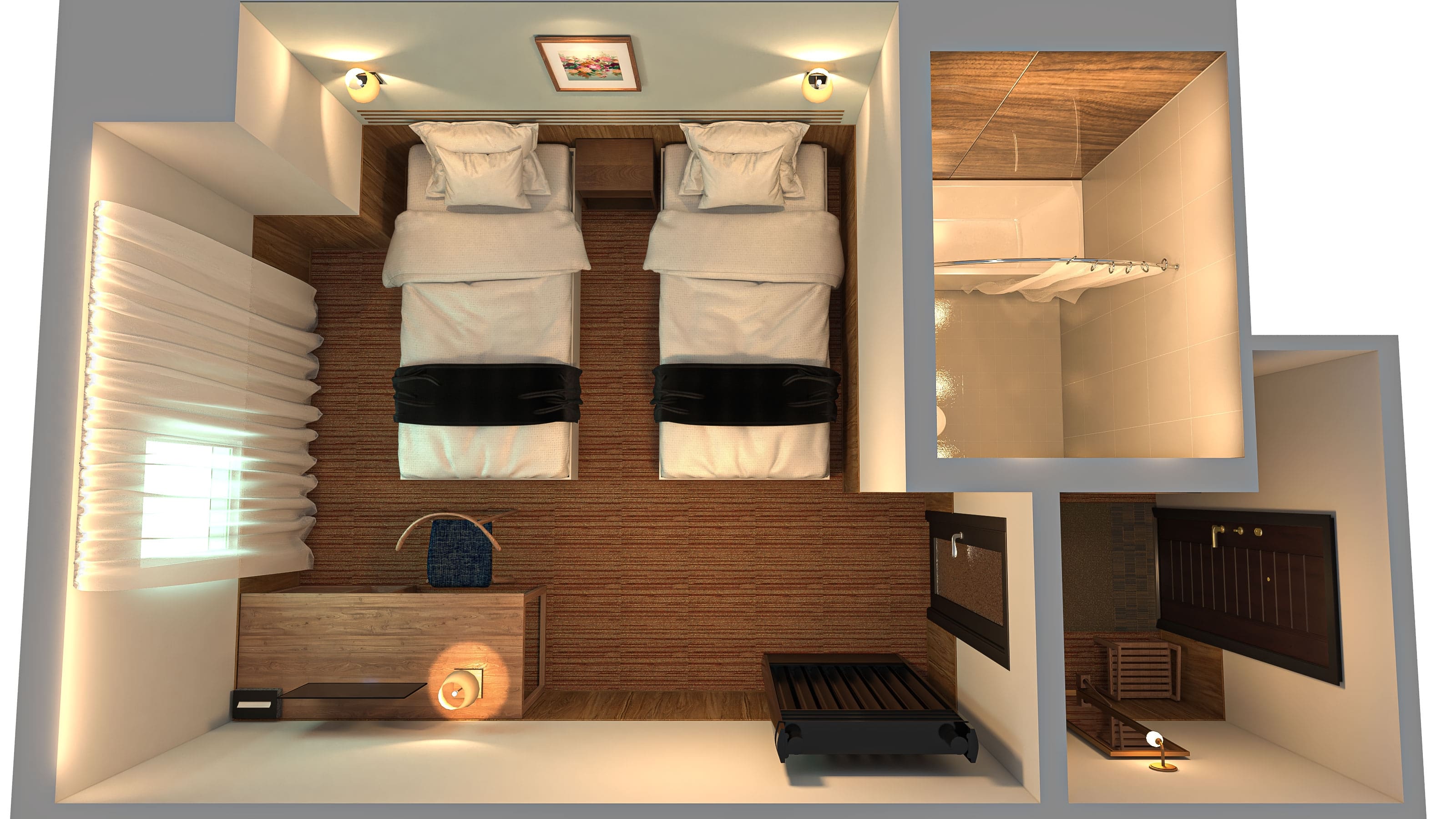 27平米の広々デラックスツインルーム 120cmの高級ベッドを2台ご用意