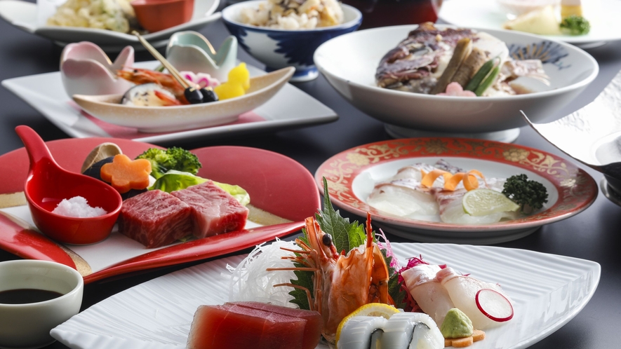 ＊愛媛県産鯛料理と伊予牛「絹の味」1品付会席例：姉妹館花ゆづきにてお召し上がりいただきます。