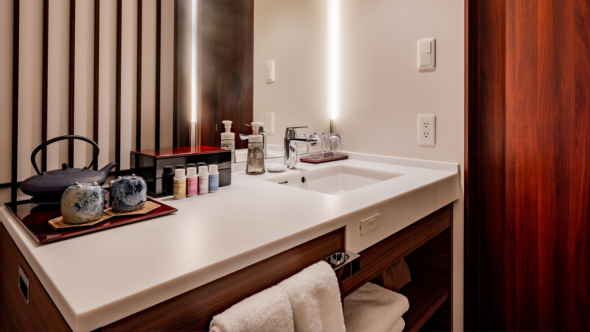 独立洗面台には明るい照明と大きな鏡を備え、明るい照明は朝の身支度も快適。