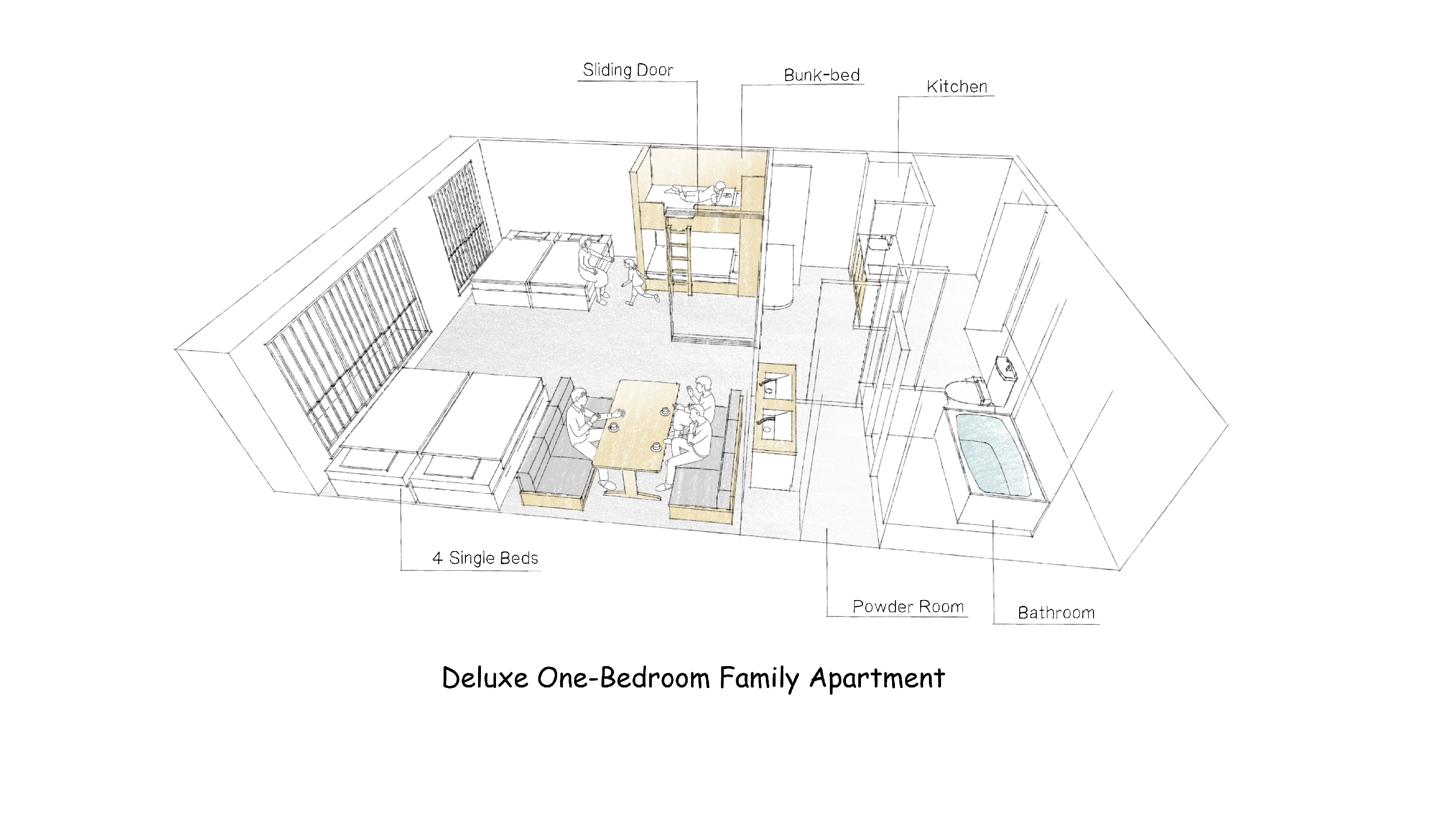 デラックス1ベッドルームファミリーアパートメント間取り図