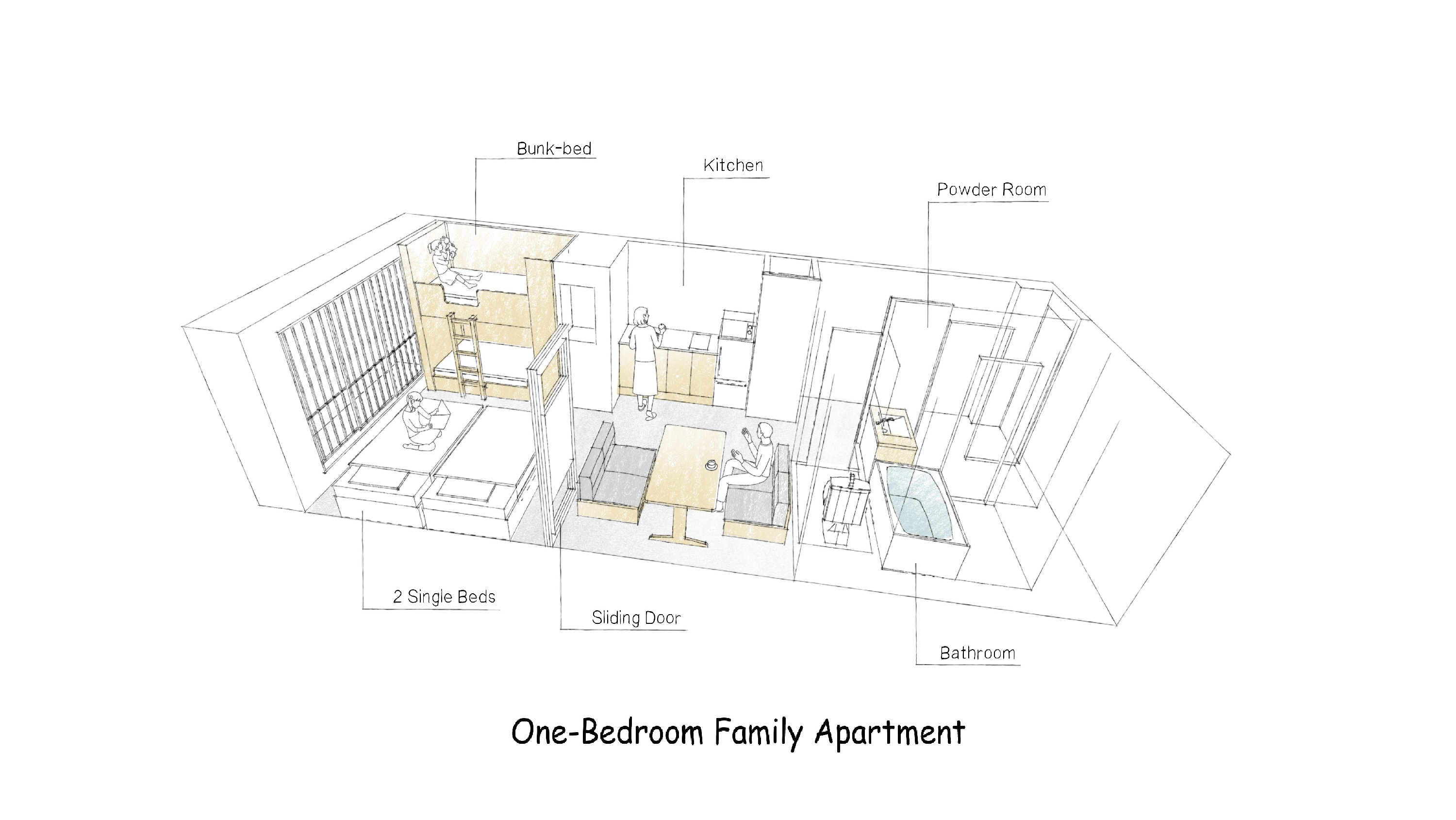 1ベッドルームファミリーアパートメント間取り図