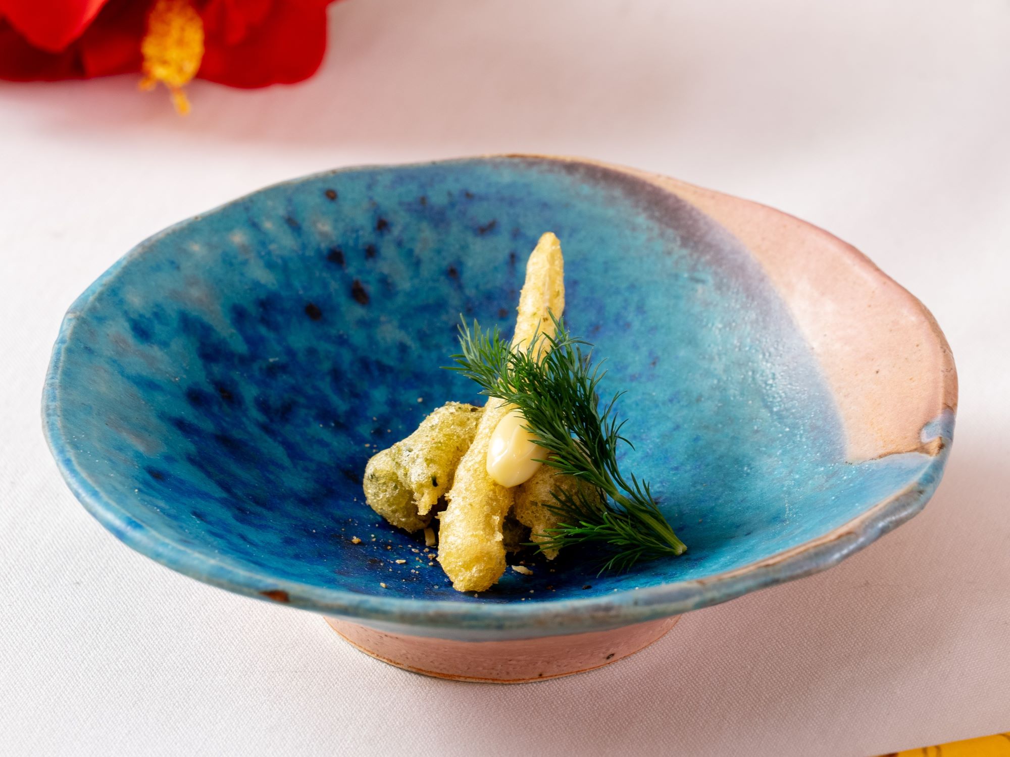 【夕食】石垣島コラボディナーコース｜島らっきょうとゴーヤのあおさ風味フリット