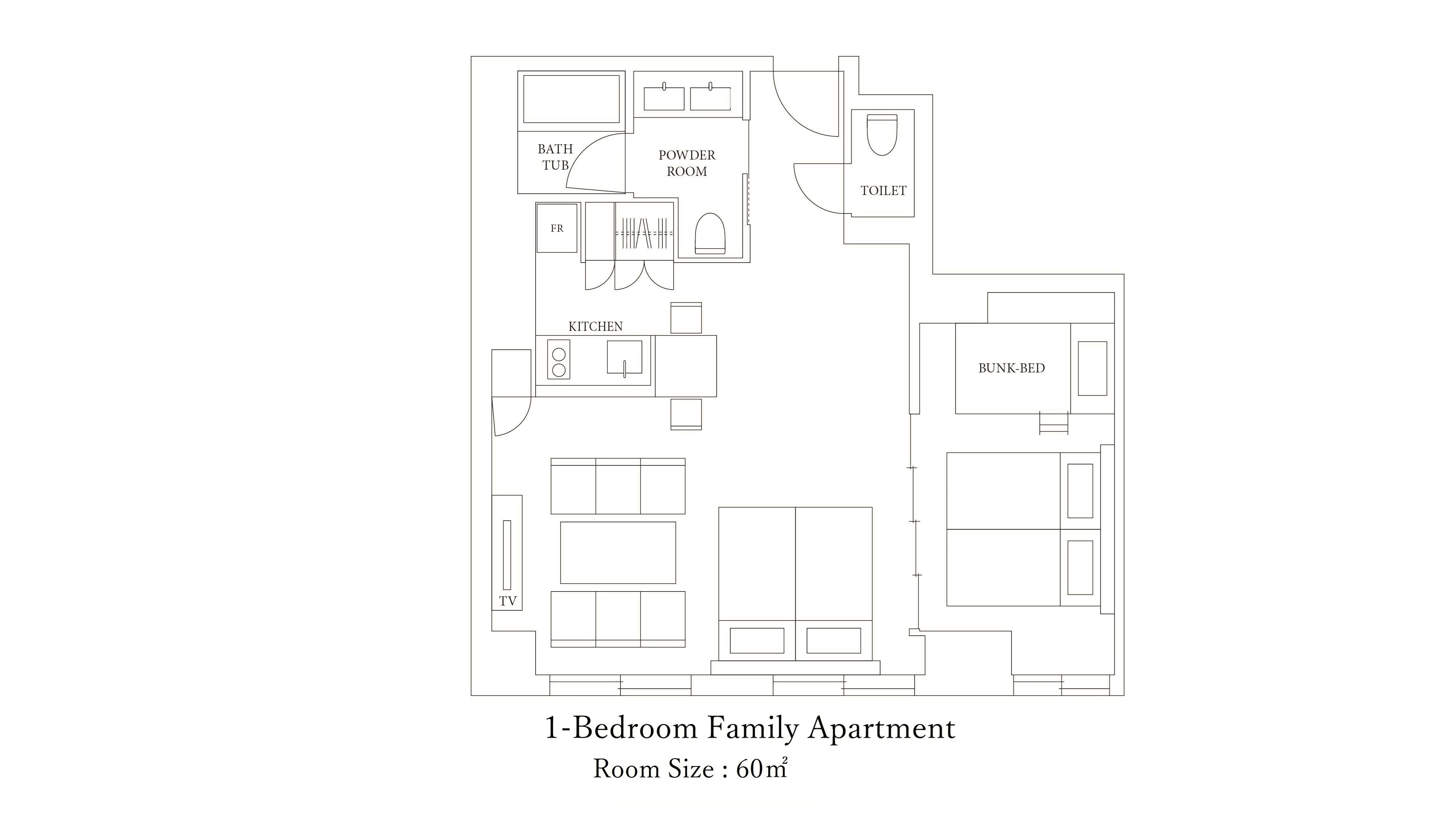 1ベッドルームファミリーアパートメント間取り図