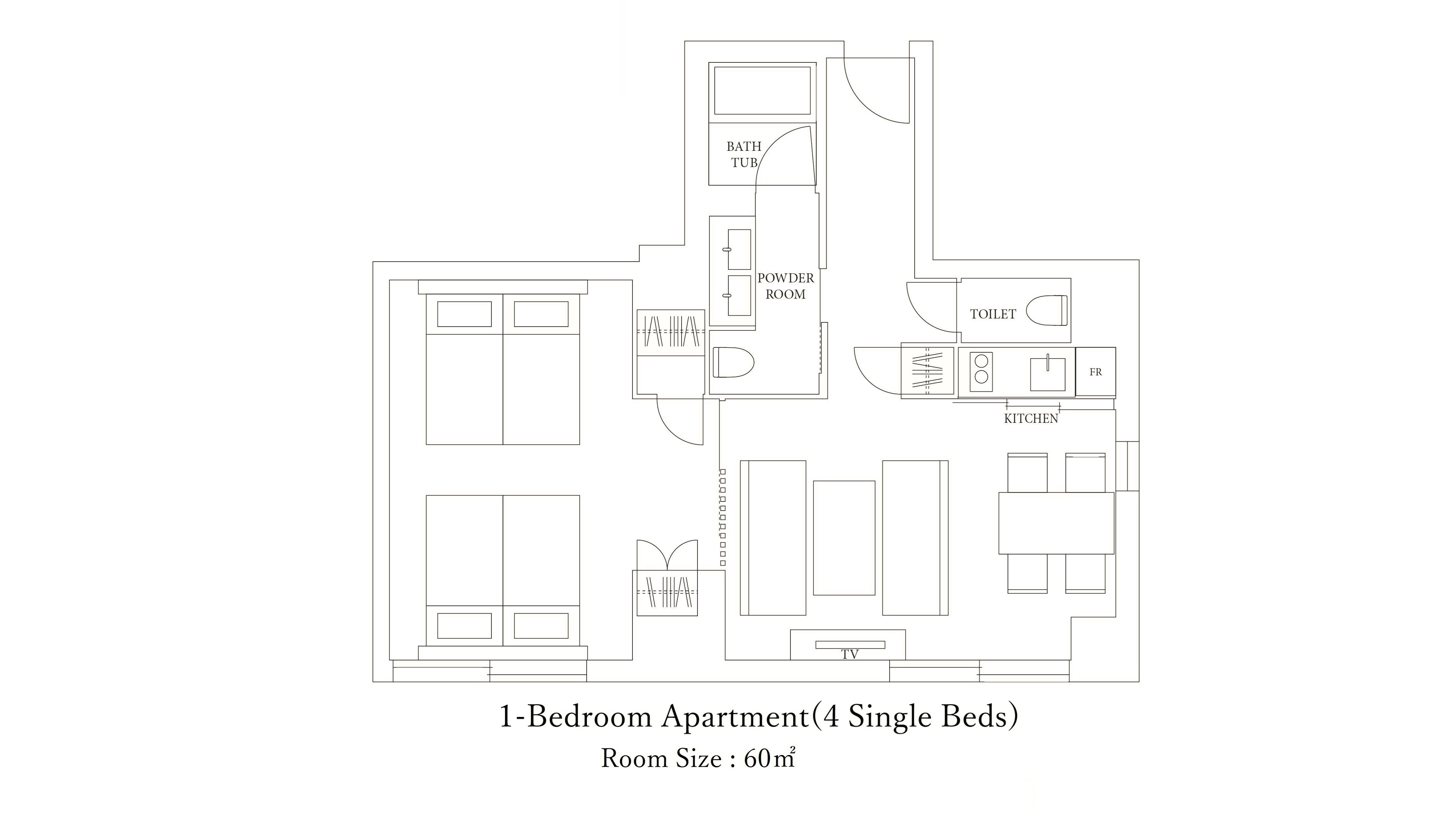 1ベッドルームアパートメント （4 シングル）間取り図