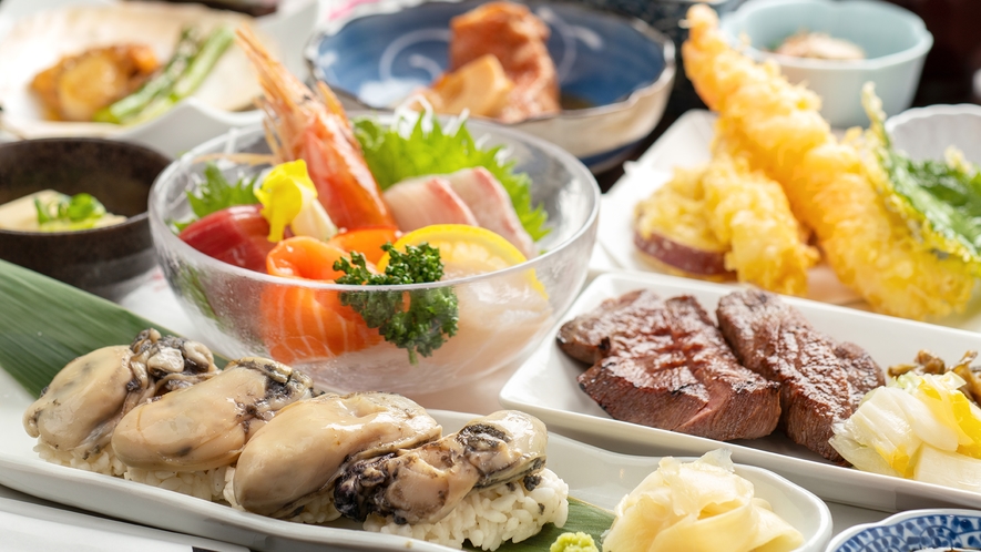 【ご夕食：贅沢グルメ御膳】定番「牛タン」に、「鳴瀬の牡蠣」をお寿司で！