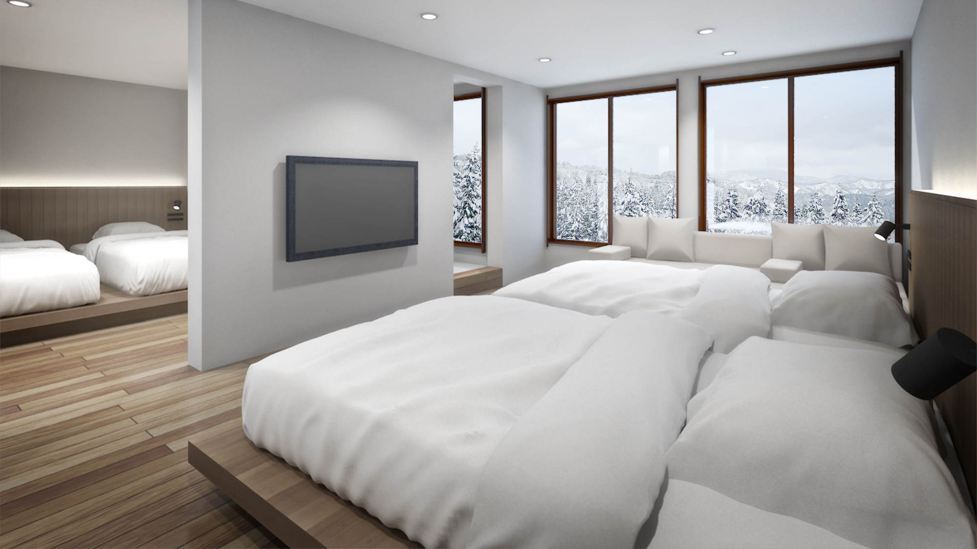 ・Room1／シモンズ製セミダブル2台、シングル2台。広々とした空間でおくつろぎください