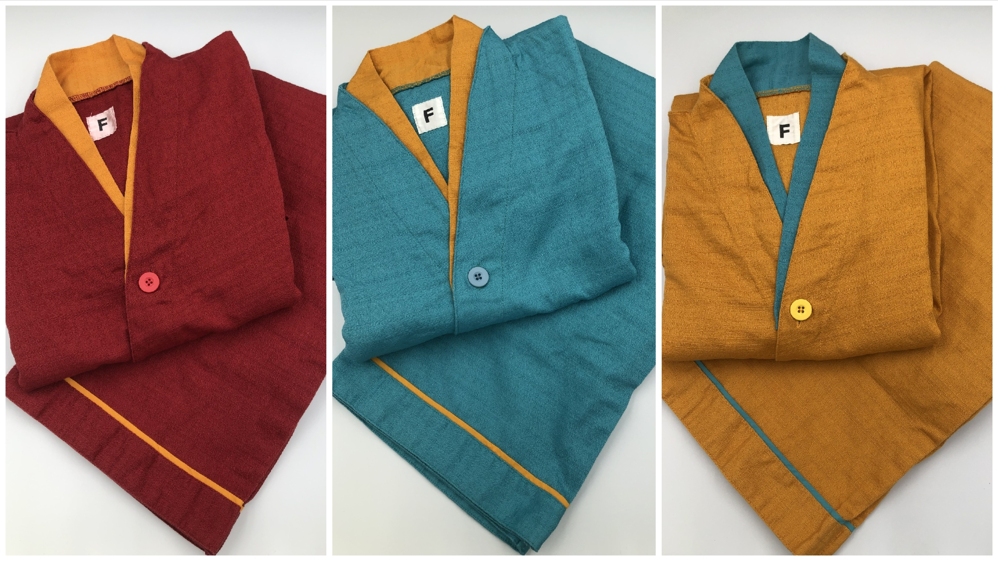 作務衣タイプの館内着。カラーバリエーションはターコイズブルー、レッド、オレンジの3色。