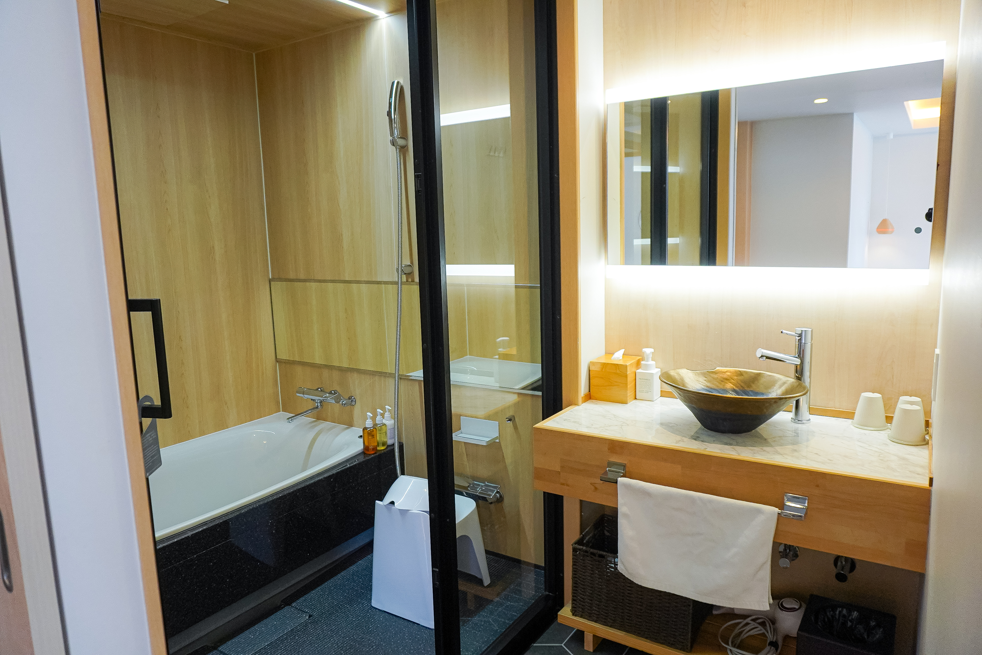 スタンダードツイン、MAX５名まで。メイクしやすい女優ミラーの洗面室。広めのバスタブ。