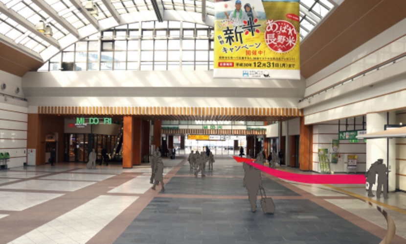 【長野駅からのルート①】◆在来線/しなの鉄道でお越しの場合◆長野駅の在来線改札口を出て右に進みます。