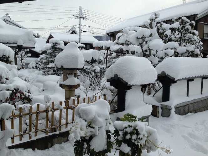 Snow-capped Japanese-style garden of Guesthouse...