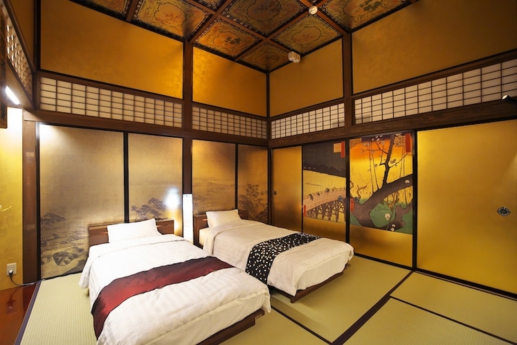 寝室の金襖には歌川広重の江戸百景。