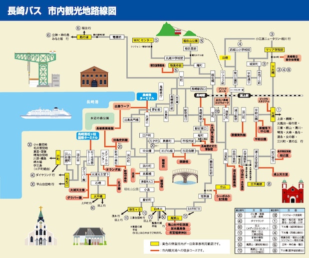 長崎バス市街地路線図。最寄りバス停「飽の浦」は1日乗車券がご利用できます。