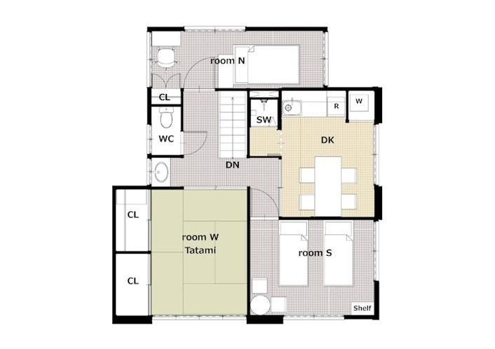 2階平面図。広さ60m2。ダイニングキッチンとベッドルームが3室ございます。