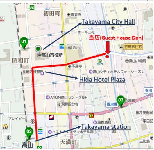 高山市役所から東へ車で1分。 やよいそばさんの目の前にあります。  Directions...