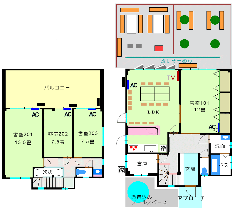 貸別荘リザーブの間取り図　BBQスペース２か所有り