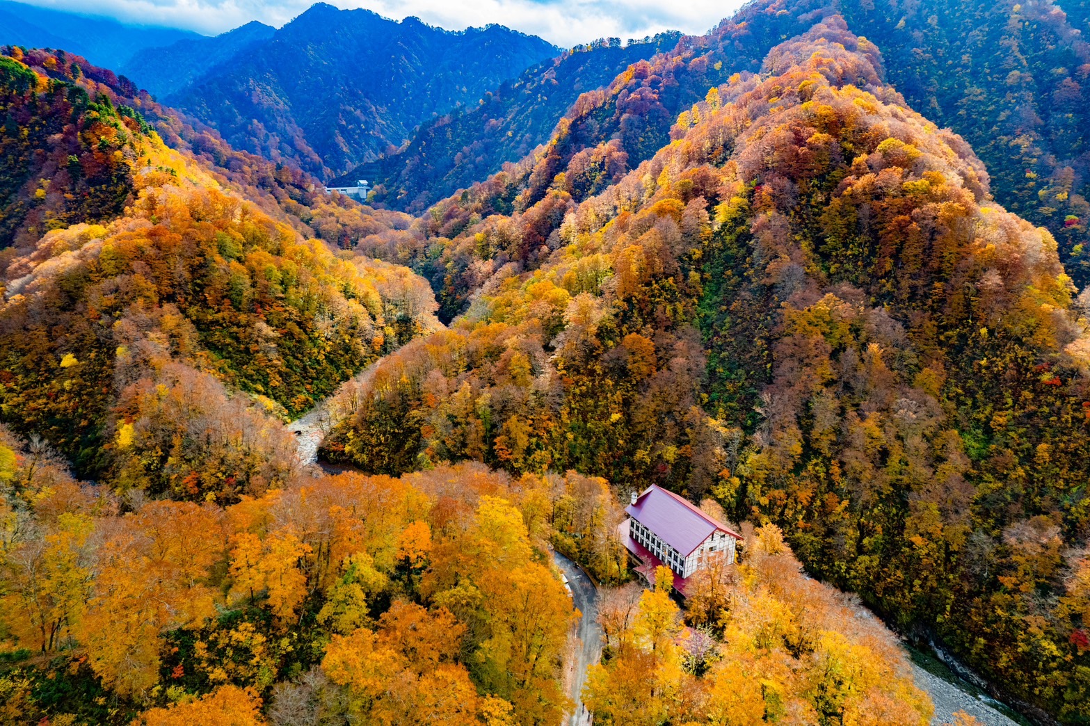 紅葉に包まれた奥胎内ヒュッテ