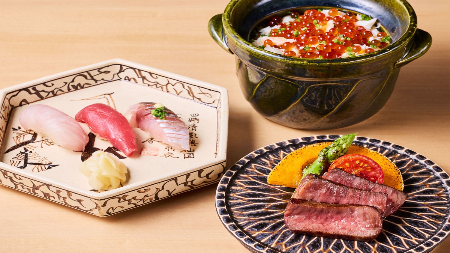 【朝・夕食付】 旬の彩りと贅沢寿司・和牛鉄板焼き付き人気の夏下冬上コース付プラン
