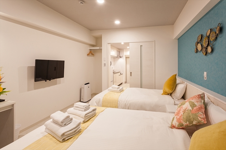 【ツインルーム】　ゆったり25㎡・シングルベッド（1ｍ幅）2台・Wi-Fi、キッチン、家具家電