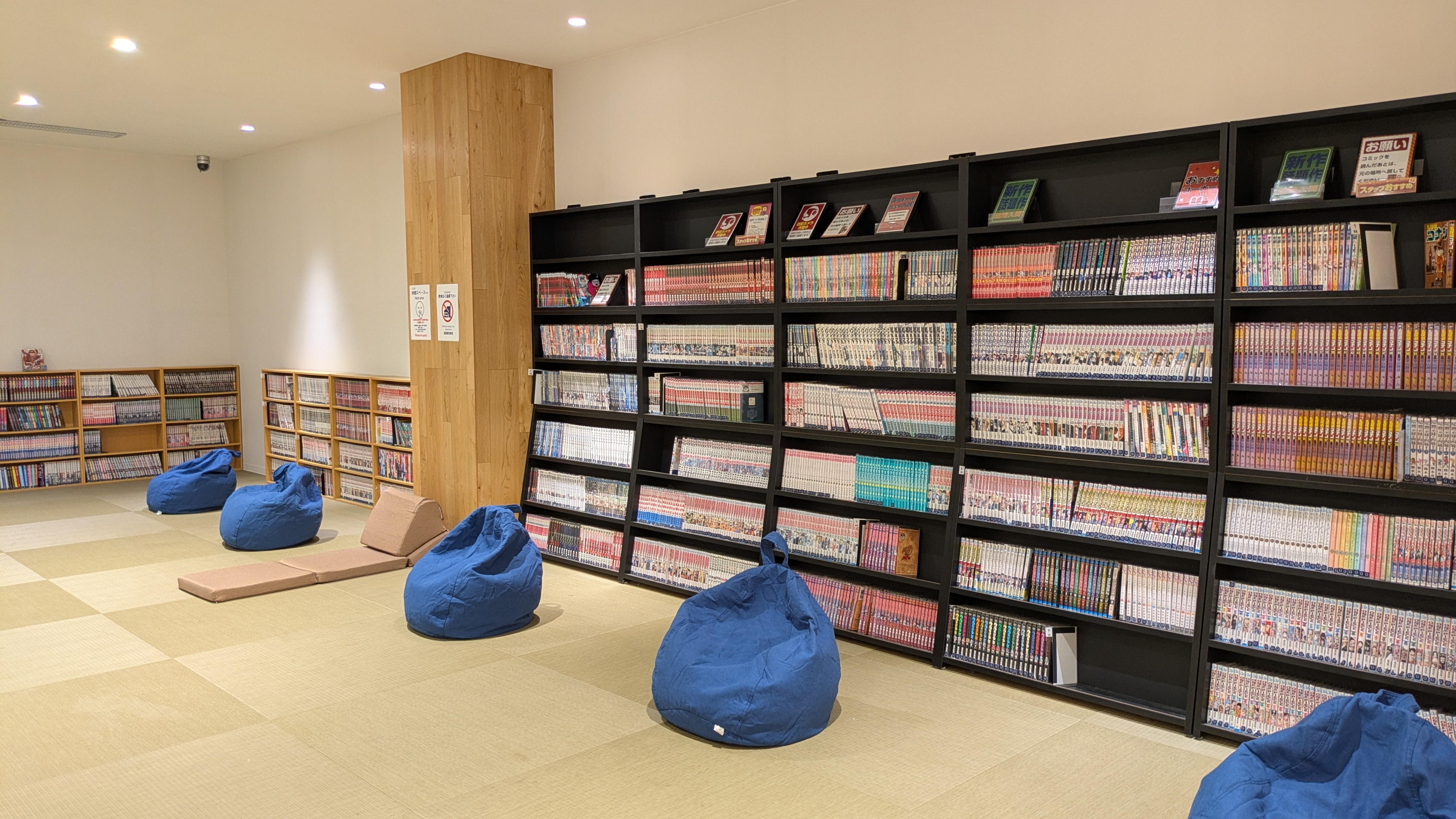 泉州の湯の休憩所。畳敷きの床にビーズクッションが置かれ、壁際の本棚に漫画が並ぶ