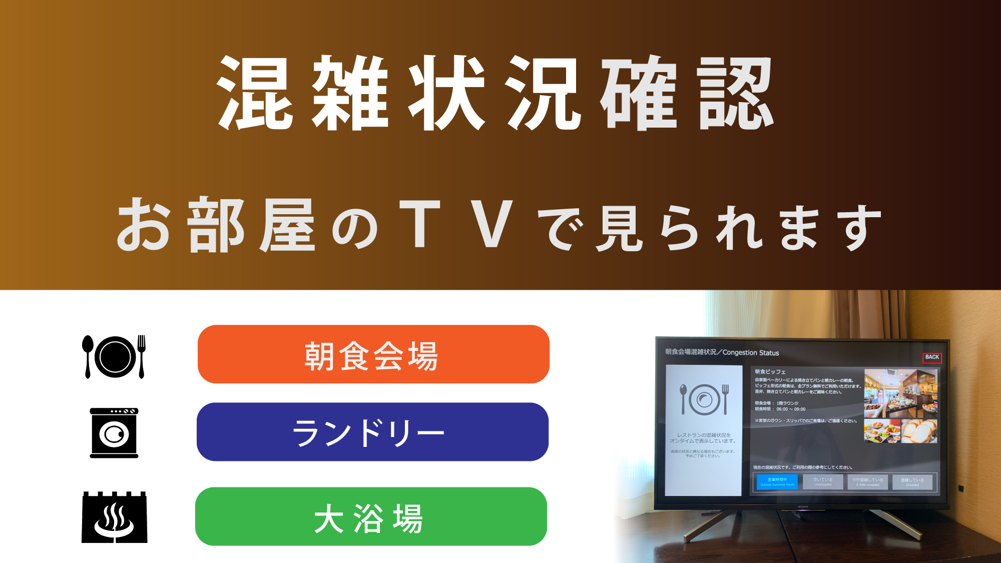 お部屋のTVから館内のご利用状況が確認できます