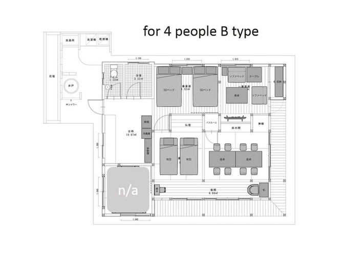 ・【レイアウト一例】4名様でご利用の場合、お布団を敷いていただくことも可能です