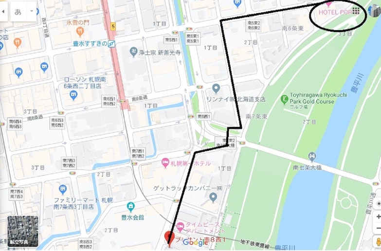 チェックイン場所のHOTEL PORTEまでの地図