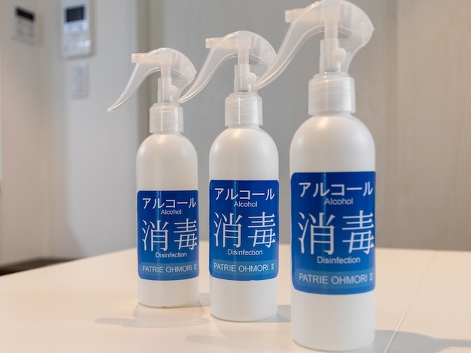 コロナウイルス対策としてアルコールスプレーを設置しております。Alcohol disinfectio